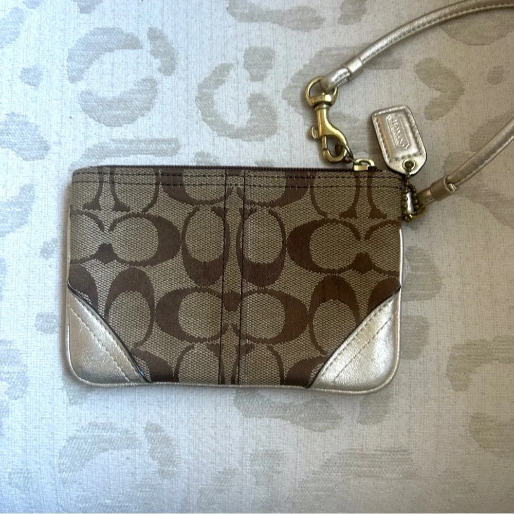 Coach Vintage Tan/Brown Signature Canvas Wristlet with Metallic Gold Trim